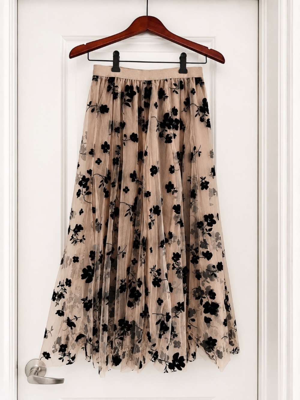 CHICWISH Beige & Black Floral Embroidered Tulle Midi Skirt